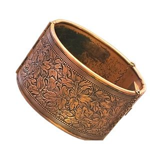 Vintage flower etched hinged COPPER bangle bracelet